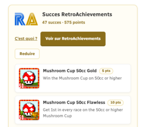 Aperçu des succès RetroAchievements disponibles pour un jeu rétro