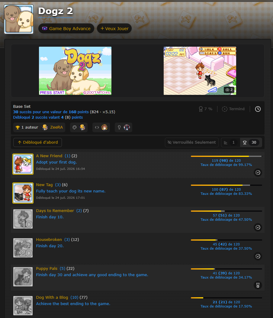 Liste de succès disponibles sur RetroAchievements